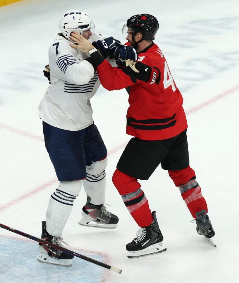 Olympic hockey fight! Canada and France players scuffle